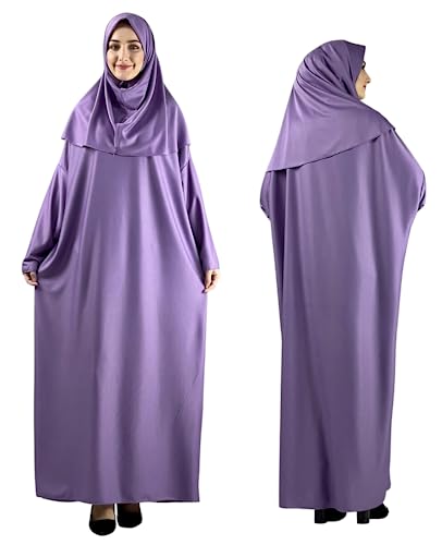 Women Prayer Clothes with Hijab Muslim Outfits Long Robe Abaya Turkish Islamic Dresses Dubai Kaftan with Rosary - color: Lilac