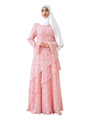 Muslim Abaya Dress for Women 3-Piece Set, Ruffle Top & Chiffon Maxi Skirt - color: Pink, size: Medium