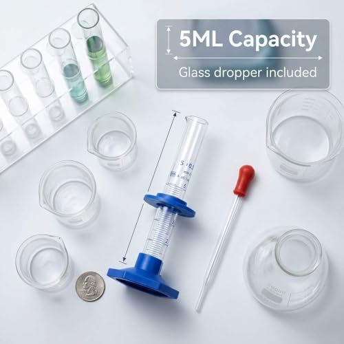 QWORK Thick Glass Graduated Cylinder 5ml Measuring Cylinder, with Plastic Base and Bumper Guards 3.3 Borosilicate Glass Lab Cylinder for Liquid Measurement with Glass Dropper