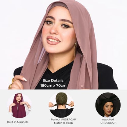 Instant Chiffon Hijab 3-in-1 with Built-in Magnets and Attached Match Undercap, Women Hijabs Set. - color: Coffe
