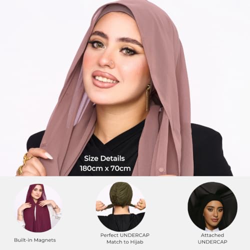 Instant Chiffon Hijab 3-in-1 with Built-in Magnets and Attached Match Undercap, Women Hijabs Set. - color: Pink