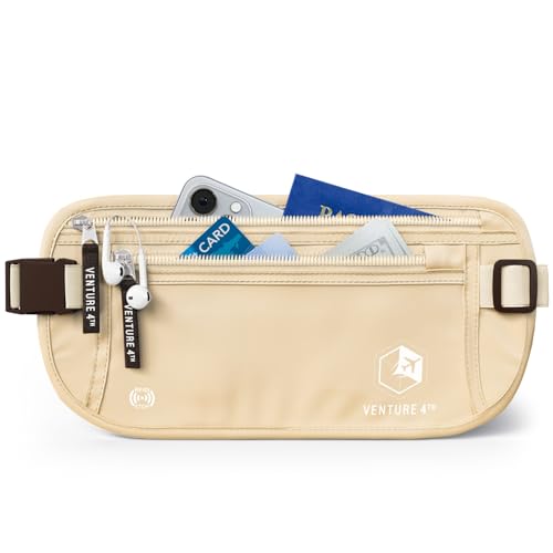 VENTURE 4TH Money Belt for Travel – Slim Hidden Under-Clothes RFID Blocking Anti-Theft Passport Holder & Travel Wallet Pouch for Men & Women to Protect Cash, Cards & Documents (Beige) - color: Beige