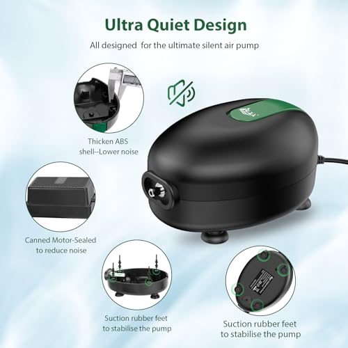 AQQA Aquarium Air Pump Quiet Fish Tank Aerator Pump Powerful Oxygen Pump Single Outlet Air Pump Bubbler with Air Stone Tubes Check Valves for Hydroponics Water Tank (2.5W for Up to 40 Gal Tank) - size: 2.5W for Up to 40 Gal Tank