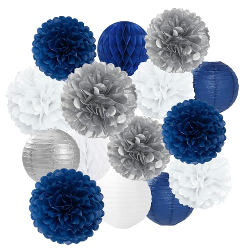 Navy Blue Silver White Paper Flowers Tissue Pom Poms Honeycomb Lanterns 15pcs Royal Party Decorations Graduation Birthday Wedding Baby Bridal Shower Boy Bachelorette Hanging Supplies Mprocherify - color: Navy Silver