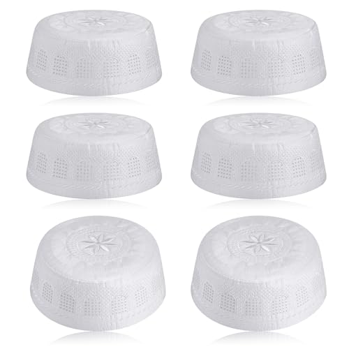 Eid Muslim 기도 Kufi 모자 남성용 기도 모자 모자 이슬람 비니 스컬 캡 자수 코피아 토피 6개 - style: 우아함