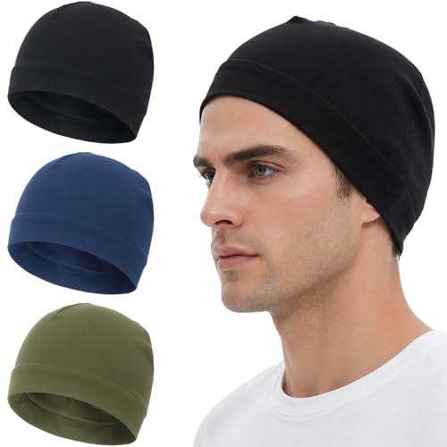 100% Cotton Skull Caps Beanie Bald Sleeping Hats for Men Women - color: 3pieces-black,green,navy