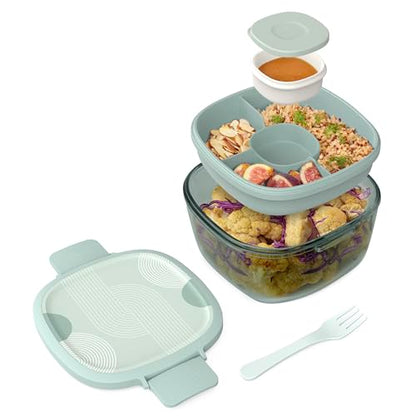 Bentgo Glass Prints Salad Container - 7.6-Cup Tinted Glass Salad Bowl with Airtight Lid, Leak-Proof Sauce Container, 4-Compartment Bento Meal Prep Tray & Reusable Fork (Mod Curve - Serene Green) - color: Mod Curve - Serene Green