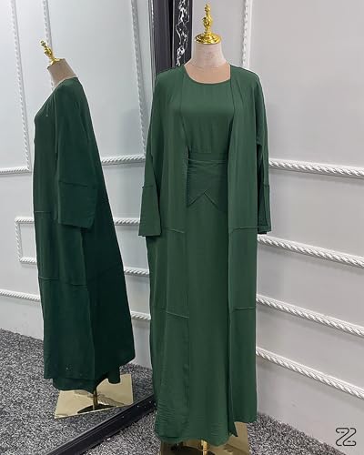 Abaya Muslim Prayer Dress Set Ramadan Open Front Islamic Clothing 3pcs Prayer Robe with Waist Apron Loose Flowy - color: Dark Green, size: Large