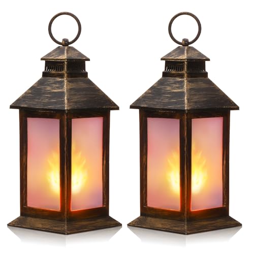 Tondiamo 2 Pcs 8.4'' Ramadan Lanterns LED Indoor Vintage Lanterns Decorative Small Lamp Flame Retro Battery Operated Candles for Home Tabletop Decor Patio Garden Yard Porch Decoration(Bronze)