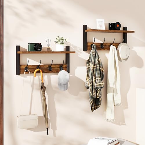 YMYNY Coat Rack Shelf Wall Mounted, Coat Hooks Set of 2, Entryway Coat Hanger with 8 Hooks, 31.5" Wall Floating Shelf with Hat Rack, for Kitchen, Bedroom, Bathroom, Rustic Brown UHWS001H-2 - color: Rustic Brown, size: 31.5"-2 pack