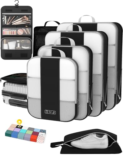 OlarHike 8 Set Compression Packing Cubes for Travel Essentials,Compressible Expandable Space Saver Bags for Organizing Clothes,Luggage Suitcase Garment Bags with Over 1000 pcs Mesh Holes(Black) - color: Black