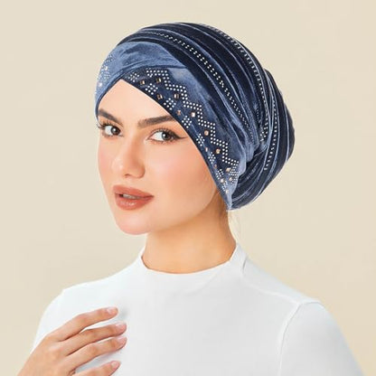 Rhinestone Hijab Turban Hats for Women Beanies Bandana Headwrap Cap Beanies Headwear Headscarf Undercap Turban Hat - color: Blue