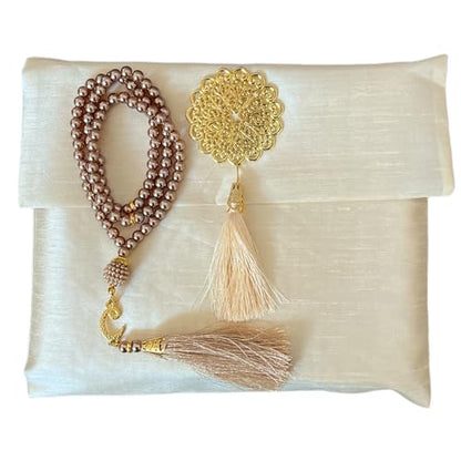 Muslim Prayer Rug and Beads with Elegant Slub Fabric Bag | Janamaz | Sajadah | Soft Islamic Prayer Rug | Islamic & Mawlid Gifts | Prayer Carpet Mat, Taffeta Fabric (Gold, 1 Sets) - color: Gold, size: 1 Sets