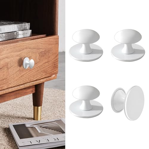 Adhesive Cabinet Knobs 4pcs White Self-Stick Knobs Drill Free Dresser Drawer Pulls Stainless Steel Stick On Handles for Medicine Cabinets Drawer Cupboards Glass Sliding Door Terrarium Lid - color: White