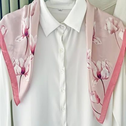 FONYVE Silk Feeling Scarf Medium Square Satin Head Scarf for Women 27.5 × 27.5 inches - color: 03 Pink Floral