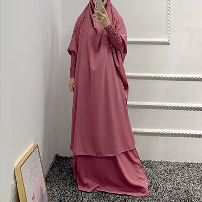 Women Muslim 2 Set Solid Color Plus Long Sleeve Thobe One-size Longuette Overall Abaya Thobe with Hoodied Hijab - color: Purple