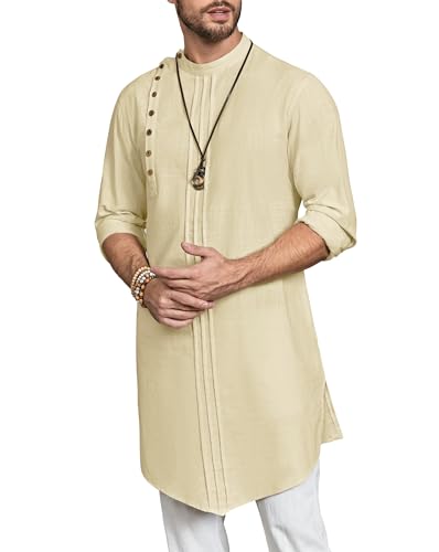 Gafeng Mens Kaftan Thobe Long Sleeve Robe Gown Casual Cotton Linen Button Muslim Shirt - color: Beige, size: XX-Large