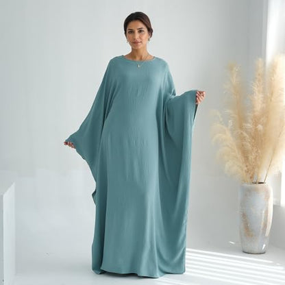 Abaya Dress for Women Soft Crepe Like Linen Khimar Butterfly Batwing Dubai Islam Muslim Kaftan Modest Prayer Dress - color: Green, size: Medium
