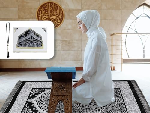 Anlising Muslim Prayer Rug and Beads with Elegant Box, Islamic Prayer Mat, Muslim Prayer Rug, Ramadan Prayer Blanket, for Muslim, Islamic, Ramadan, Eid al Fitr, Prayer (Black,70x110CM)