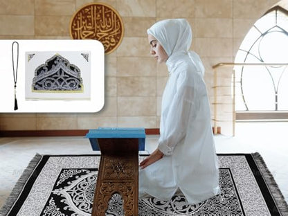 Anlising Muslim Prayer Rug and Beads with Elegant Box, Islamic Prayer Mat, Muslim Prayer Rug, Ramadan Prayer Blanket, for Muslim, Islamic, Ramadan, Eid al Fitr, Prayer (Black,70x110CM)