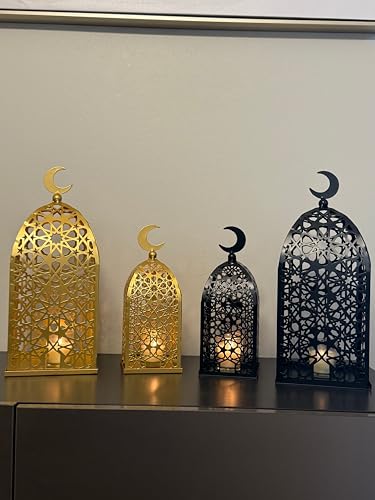 Lantern Set Candle Holder Set of 2 - Islamic Ramadan Eid Decor Crescent Moon Modern Metal Indoor & Outdoor for Home Decorations (Gold) - color: Gold