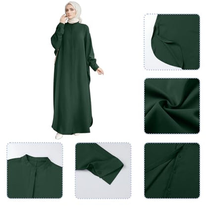 ODASDO Muslim Dresses for Women Abaya Button Down Henley Shirt Prayer Dress Batwing Long Sleeve Middle East Arabian Robe - color: Dark Green