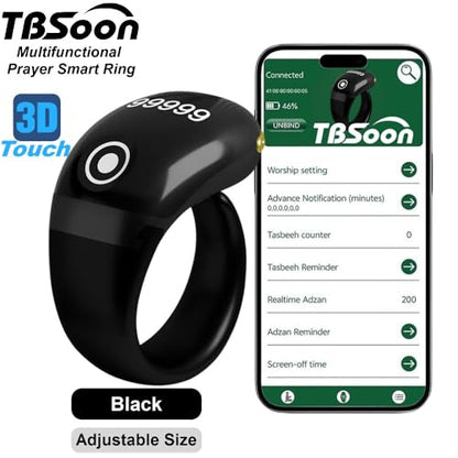 Lightweight Tasbih Smart Ring, Tasbeeh Counters,Prayer Direction Indicator Guide,5 Azan Alarm Clock,Forgiveness,Electronic Rosary,Eid al-Fitr Eid al-Adha Ramadan Gift for men women-Black Pro with APP - style: Black Pro
