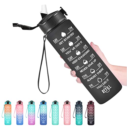 Hyeta Water Bottle with Straw & Time Marker, Plastic 32oz Leakproof | Motivational Tritan BPA Free Gym Office Outdoor Intake Tracker Hourly Reminder Straw Lid Carry Strap - color: Black Matte