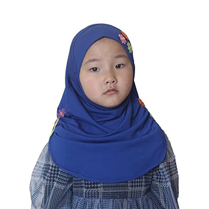 Girls Instant Hijab – Soft Kids Muslim Scarf with Flower, Breathable One-Piece Headscarf for Toddlers Age 2-8 - color: Blue
