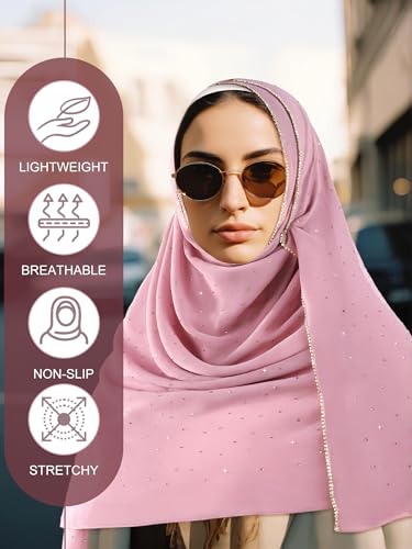 Geyoga Hijab Scarf for Women Soft Chiffon Rhinestone Long Scarf Shawl Fashion Muslim Hijab Head Wrap Scarves - color: Pink