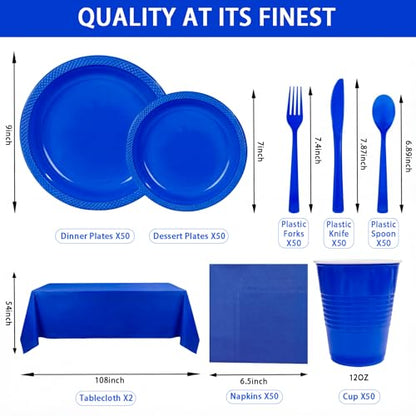 Tinybee 352 Pcs Blue Plastic Plates, Disposable Dinnerware Set for 50 - color: Dark Blue