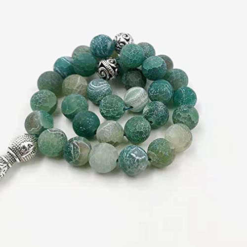 Tasbih Natural Green Agate Stone Blue Metal Tassel 33 45 66 99 Prayer Beads Islamic Fashion Stone Muslim Rosary (10mm x 66beads) - size: 10mm x 66beads