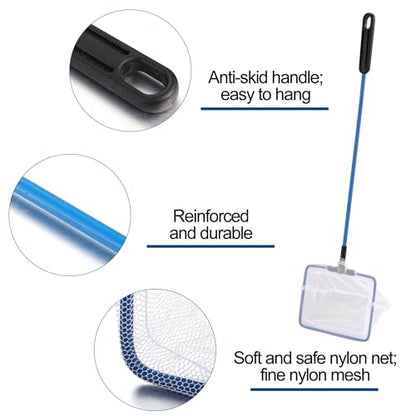 Lpraer 4in 5in 6in Aquarium Fish Net Green Fine Mesh Nylon Net Collection with 11" Long Handle Square Quick Catch Fish Net for Fish Tank - color: White-Blue, size: 3PCS 4，5，6"