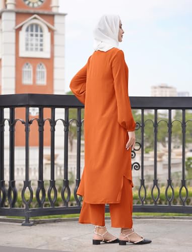 ODIZLI Women's Muslim 2 Pieces Sets Long Sleeve Button Down Shirt and Pants Abaya Casual Dress Dubai Outfits - color: Orange, size: 5X-Large