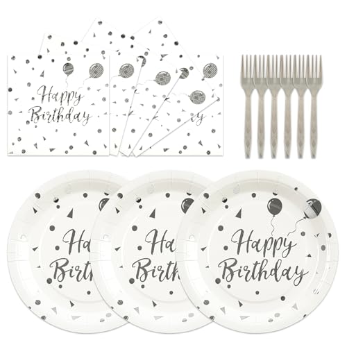 75PCS Happy Birthday Paper Plates - 7 Inch White Sliver Dot Paper Plates and 6.5 Inch Napkins with 6.3 Inch Sliver Forks Disposable Tableware Set for Birthday Party Decorations, Serve 25 - color: White Sliver, size: 7inch-75pcs