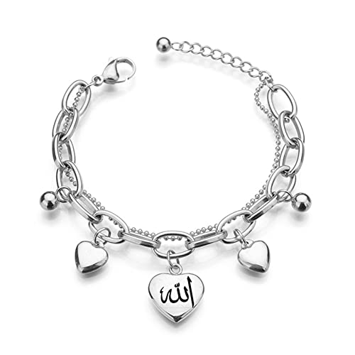 ZKXXJ Allah Bracelet for Women Teen,Muslim Islamic Link Bracelet with Heart Charm Jewelry Islam Arabic God Charm Stainless Steel 2 Layers Chain Bracelet,Adjustable - color: Silver