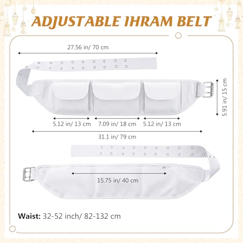 Dansydaisy Ihram Belt for Hajj and Umrah White Adjustable Ihram Waist Belt with Zippered Pockets Fits 32" up to 52" - style: 3 Pocket