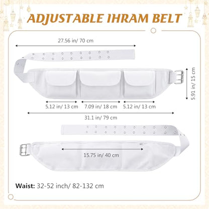 Dansydaisy Ihram Belt for Hajj and Umrah White Adjustable Ihram Waist Belt with Zippered Pockets Fits 32" up to 52" - style: 3 Pocket