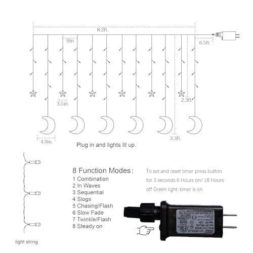 TW SHINE Ramadan Star Moon Curtain String Lights, 138 LED 8.2 FT Star Moon Hanging Lights with 8 Modes and Timer, Waterproof Fairy Lights for Indoor Outdoor Window Holiday Mubarak Ramadan Decorations