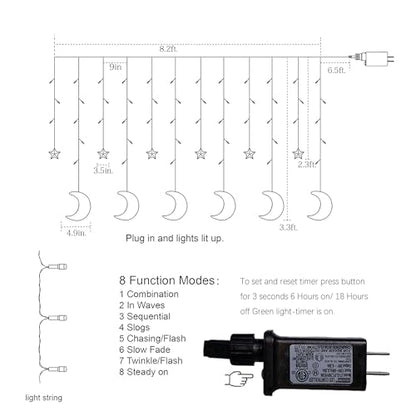 TW SHINE Ramadan Star Moon Curtain String Lights, 138 LED 8.2 FT Star Moon Hanging Lights with 8 Modes and Timer, Waterproof Fairy Lights for Indoor Outdoor Window Holiday Mubarak Ramadan Decorations