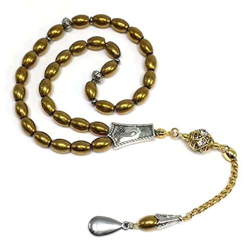 -Gentle Men Collection- Prayer Beads-Worry Beads-Tesbih-Tasbih-Tasbeeh-Misbaha-Masbaha-Subha-Sebha-Rosary (Non-Magnetic Gold Drum Hematite -6x9 mm- 33 Beads) - color: Non-Magnetic Gold Drum Hematite -6x9 mm- 33 Beads