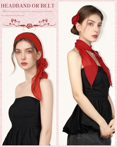 Chiffon Scarf for Women, Removable Flower Neck Scarf Light Soft Fashion Rose Scarves Versatile Headband or Hair Band - color: Red