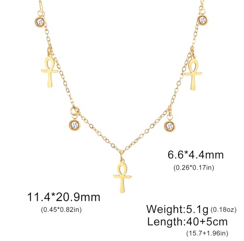 Ankh Cross Y Necklace Key of Life Eye of Horus Pendant Cartouche Long Chain Protection African Coptic Amulet Ancient Egyptian Religious Jewelry Gift for Women Men - color: Gemstone Ankh Cross gold