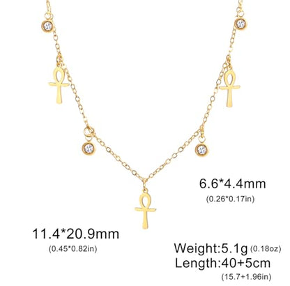 Ankh Cross Y Necklace Key of Life Eye of Horus Pendant Cartouche Long Chain Protection African Coptic Amulet Ancient Egyptian Religious Jewelry Gift for Women Men - color: Gemstone Ankh Cross gold