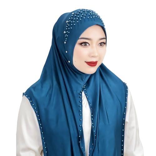 Suillty Women's Pearls Muslim Islam Instant Hijab Scarf Soft Turkish Headwear Jersey Headscarf Shawl Wrap - color: Deep Blue