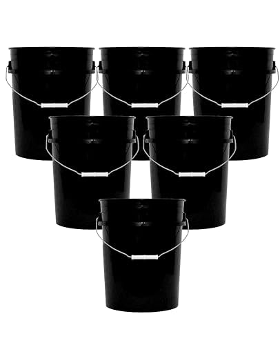 5-Gallon Bucket Only – No Lid Included, Made in USA, Food Grade BPA Free Plastic, Heavy Duty Multi-Use, Metal Handle with Grip, Stackable Storage – Black, 6 Pack - color: Black, size: 6