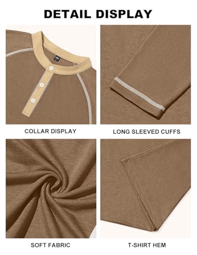Men's Henry Long Sleeved T-Shirt Cotton Casual Button Lightweight Pullover Shirt Soft Stretch Tees Tops - color: Heather Camel, size: Large