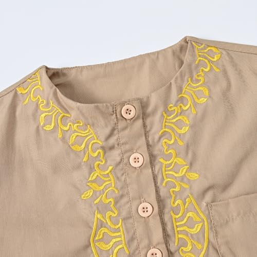 Boys Muslim Thobe Islamic Clothing Kids Muslim Prayer Clothes for Boys Eid Outfit Toddler Kaftan Ramadan Shirt Pants - color: Khaki, size: 7-8 Years