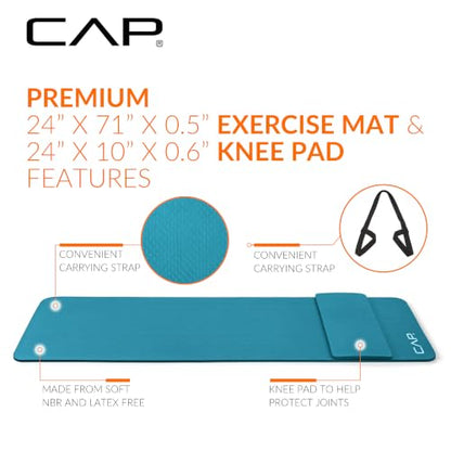 CAP Barbell 1/2-Inch High Density Exercise Yoga Mat with Strap | Multiple Options - color: Teal, style: Yoga Mat w/Knee Pad