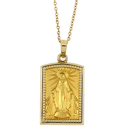 RP 14k Yellow Gold Polished Miraculous Virgin Mary Double Sided Square Pendant Medal - style: Pendant + 16-18" Adj 14K Chain